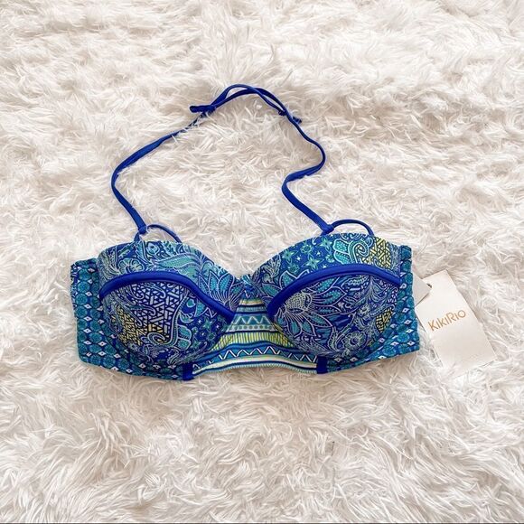 KikiRio Blue Boho Floral Print Joey Demi Bandeau Top; SZ 34C/36B; BNWT - Picture 3 of 6
